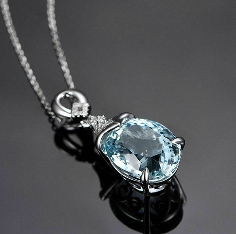 European and American Fashion Premium ~ European and American Carat Aquamarine Pendant for Women, Inlaid with Diamond Colored Gemstone Pendant, Valentine's Day Gift Jewelry