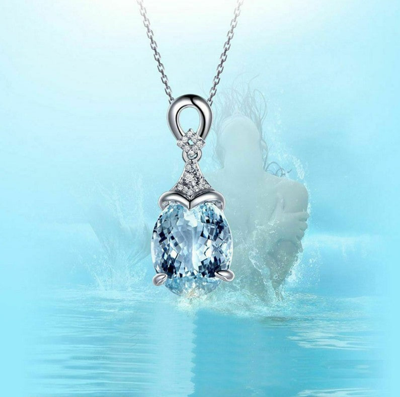 European and American Fashion Premium ~ European and American Carat Aquamarine Pendant for Women, Inlaid with Diamond Colored Gemstone Pendant, Valentine's Day Gift Jewelry