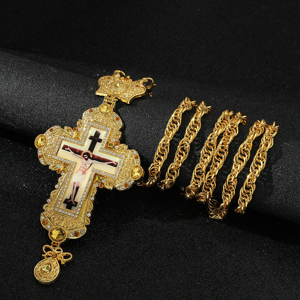 European and American Retro Style Cross Hip-Hop Necklace for Men and Women, 18k Gold-Plated Alloy Pendant